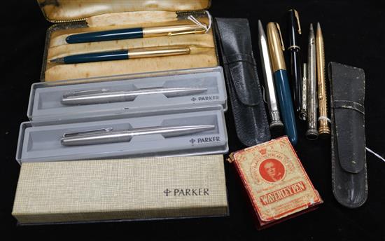 A Parker 51 teal and gold-coloured pen and pencil set, boxed, seven other Parker pens, two Eversharp propelling pencils and sundries